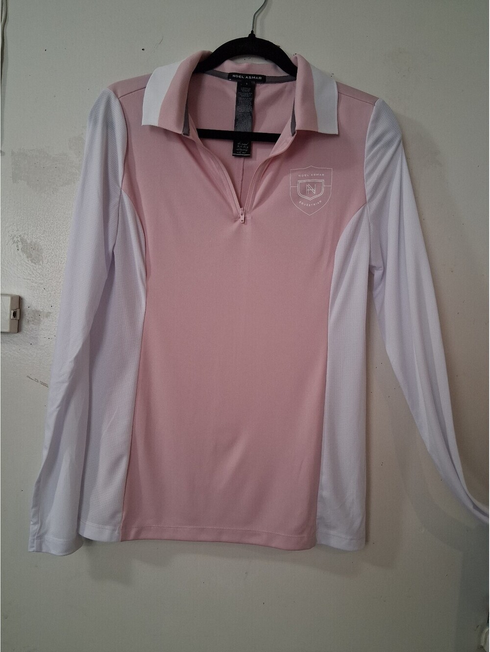 Noel Asmar Equestrian Long Sleeve Polo Shirt in Pink and White, Size Large
